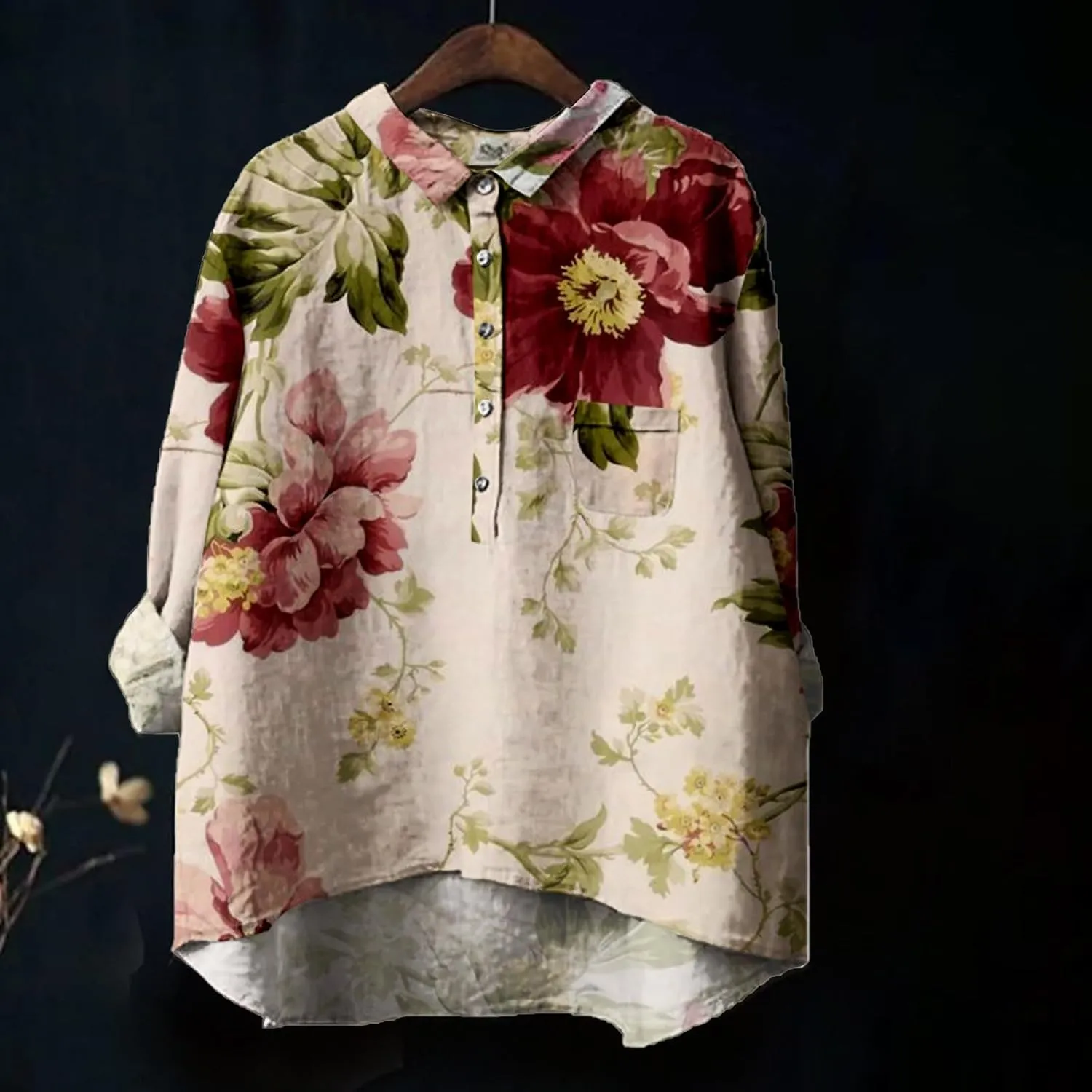Women Long Sleeve Beach Shirt Printed Loose Fit Tee Tops Lapel Neck Button Blouses Long Short Sleeve Shirts for