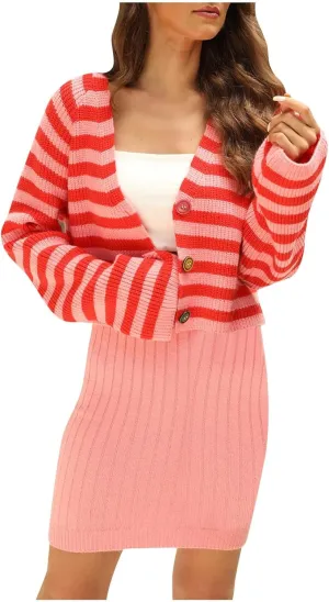 Women Open Front Crop Sweaters Casual Long Sleeve Striped Graphic Cardigan Button up Casual Outwear