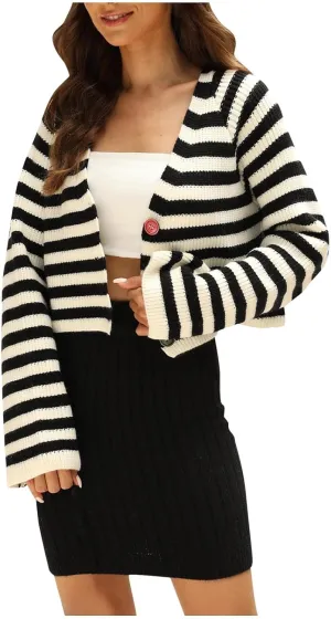 Women Open Front Crop Sweaters Casual Long Sleeve Striped Graphic Cardigan Button up Casual Outwear