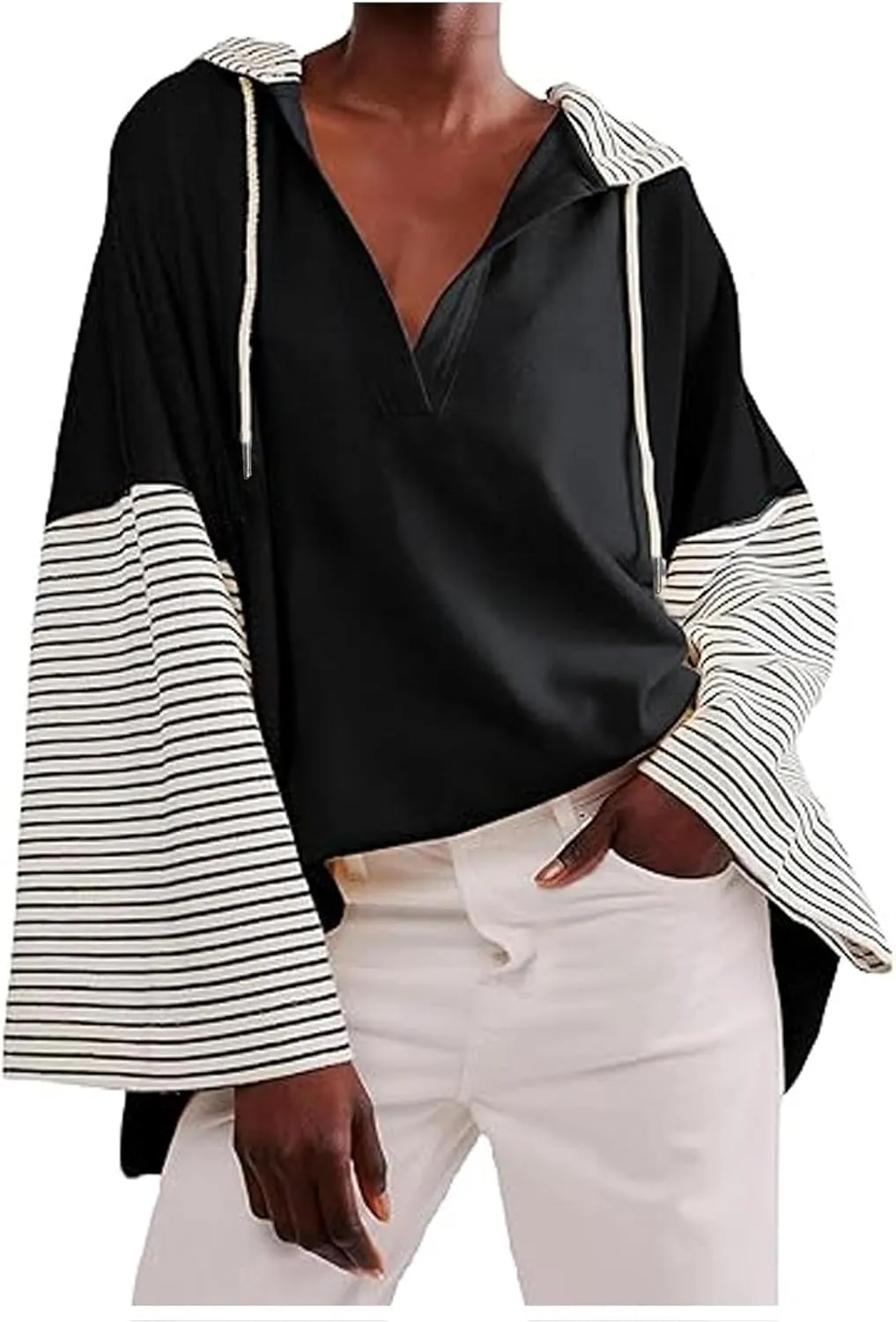 Women Oversized Sweatshirts 2024 Trendy Block Color Drawstring Pullover Hoodies Casual Fall Fashion Clothes