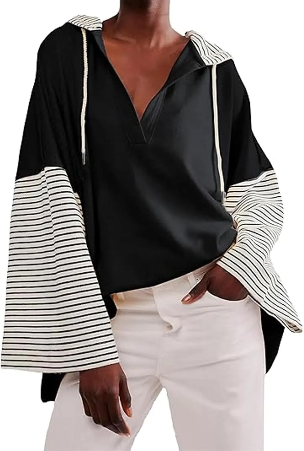 Women Oversized Sweatshirts 2024 Trendy Block Color Drawstring Pullover Hoodies Casual Fall Fashion Clothes
