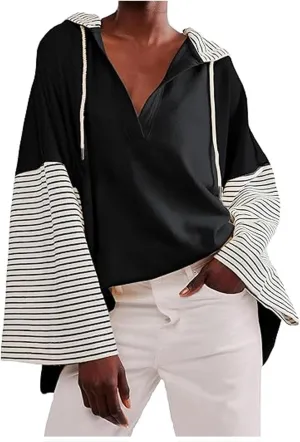 Women Oversized Sweatshirts 2024 Trendy Block Color Drawstring Pullover Hoodies Casual Fall Fashion Clothes