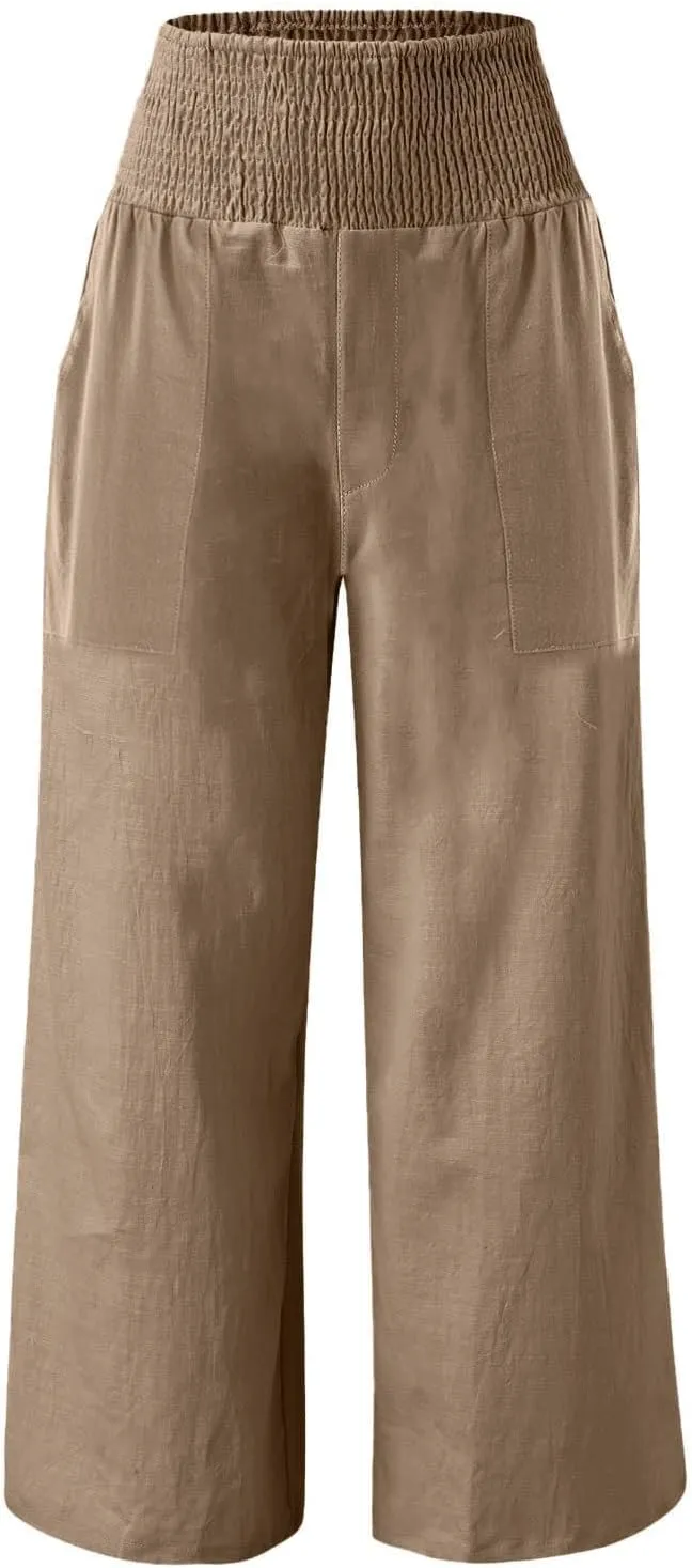 Women Palazzo Linen Pants Smocked High Waisted Wide Leg Pants Casual Summer Beach Pants Lounge Trousers with Pockets
