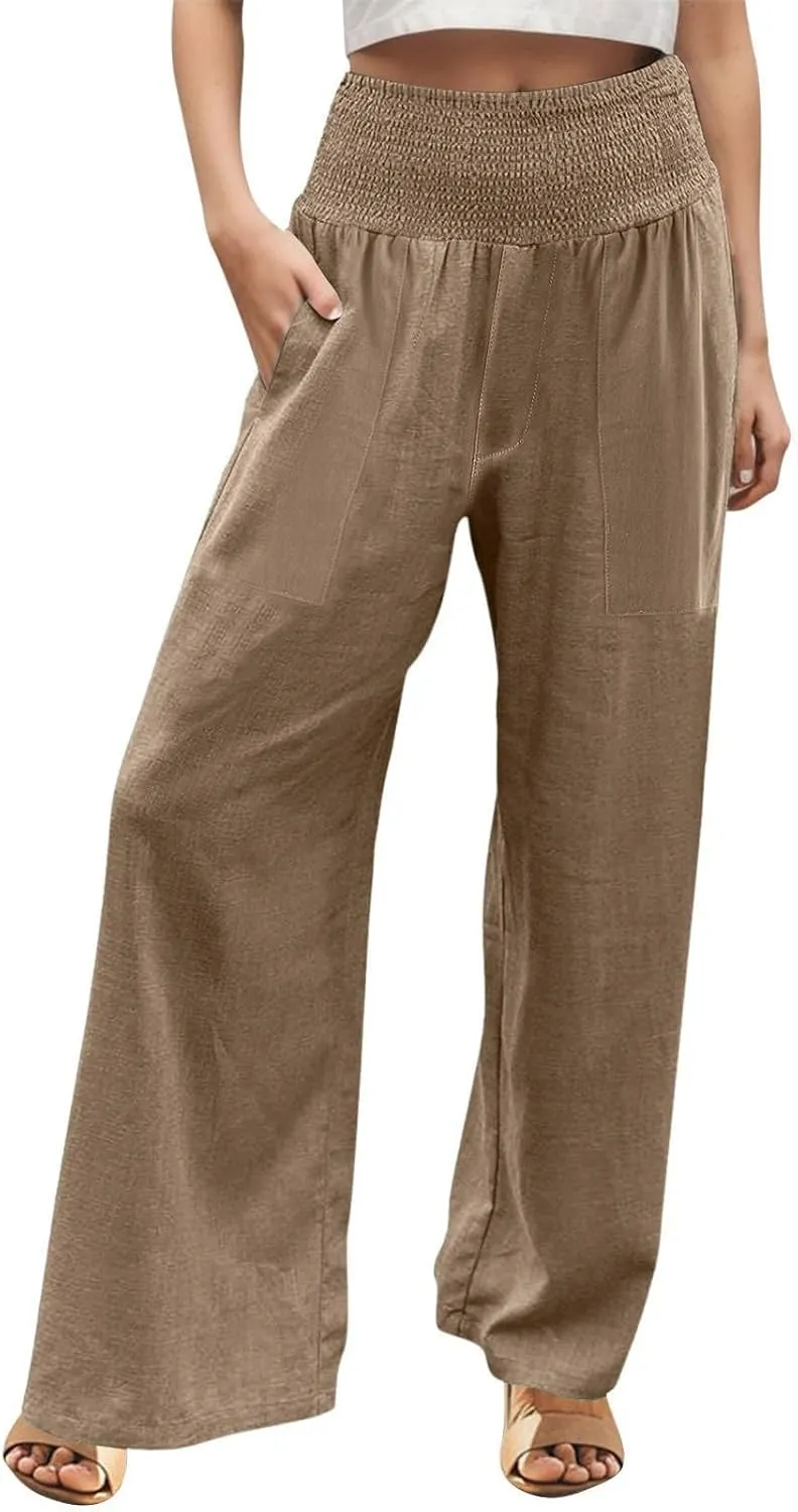 Women Palazzo Linen Pants Smocked High Waisted Wide Leg Pants Casual Summer Beach Pants Lounge Trousers with Pockets