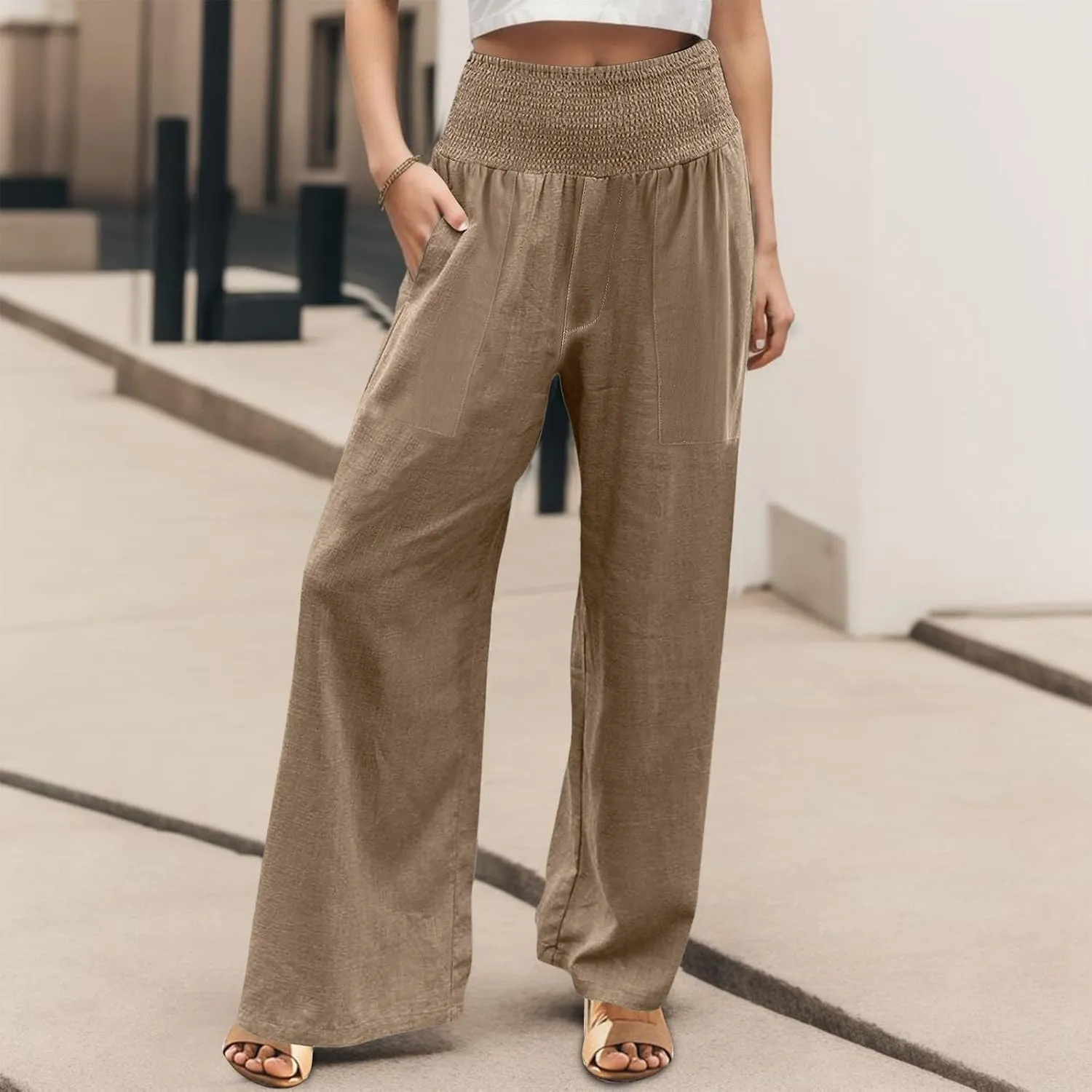 Women Palazzo Linen Pants Smocked High Waisted Wide Leg Pants Casual Summer Beach Pants Lounge Trousers with Pockets