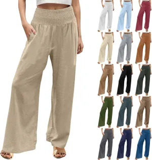 Women Palazzo Linen Pants Smocked High Waisted Wide Leg Pants Casual Summer Beach Pants Lounge Trousers with Pockets