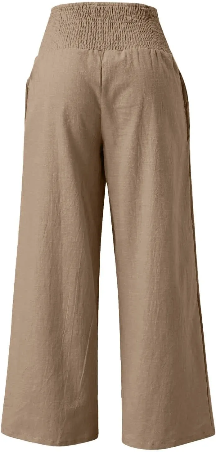 Women Palazzo Linen Pants Smocked High Waisted Wide Leg Pants Casual Summer Beach Pants Lounge Trousers with Pockets