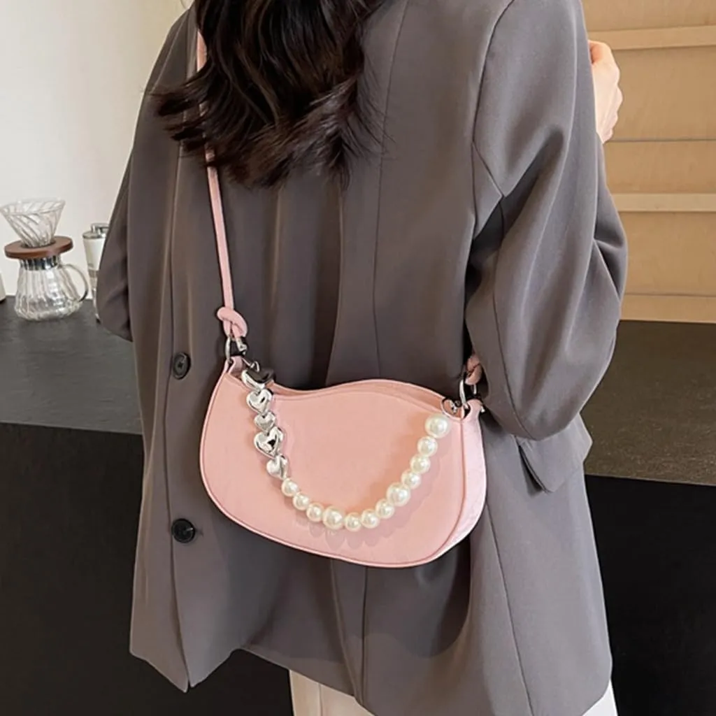 Women PU Leather Crossbody Bag with Pearl Chain Fashion Handbag Shoulder Bag French Styles Armpit Bag for Daily
