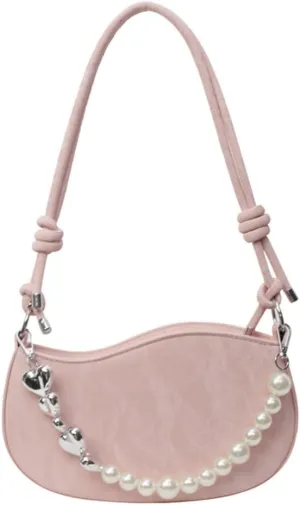 Women PU Leather Crossbody Bag with Pearl Chain Fashion Handbag Shoulder Bag French Styles Armpit Bag for Daily