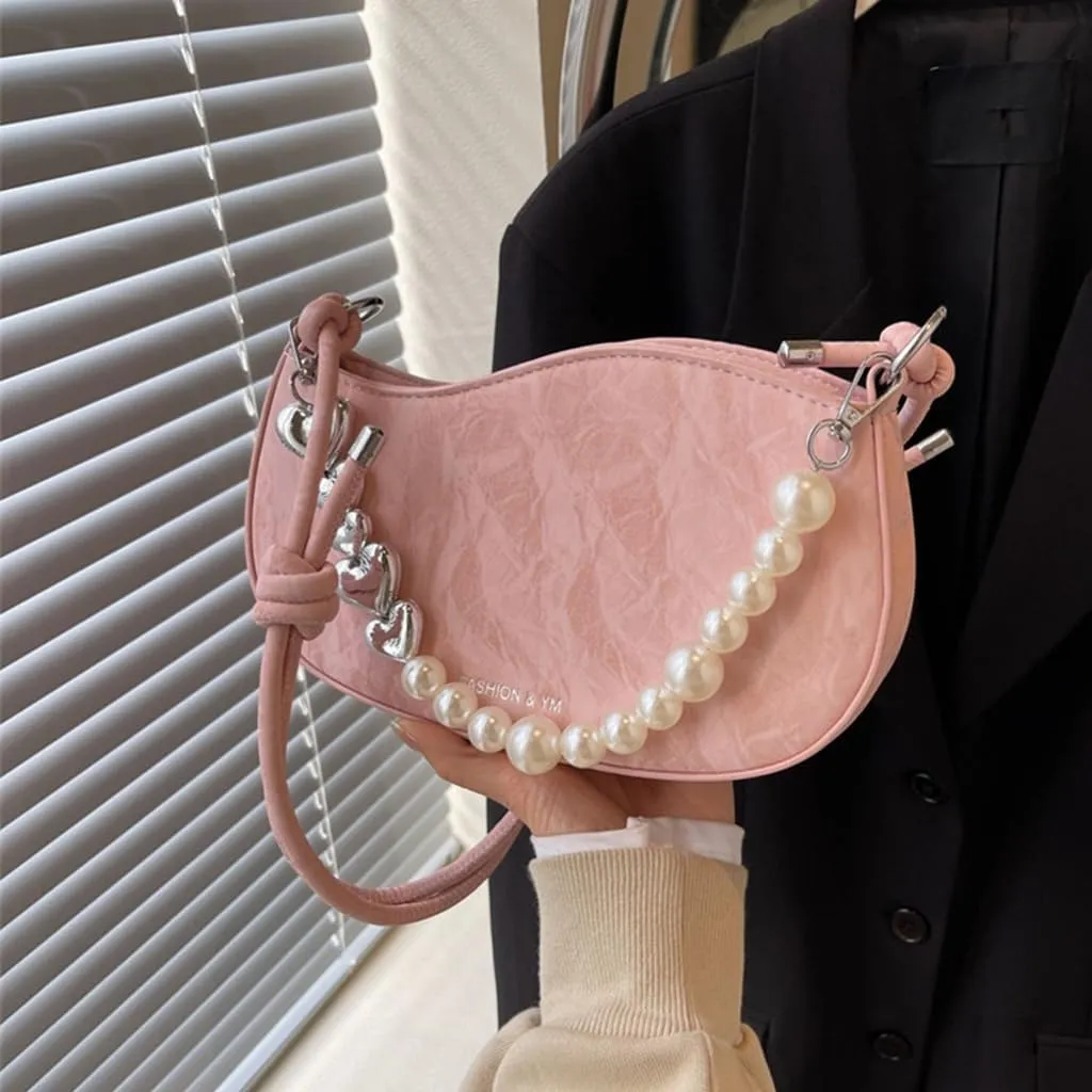 Women PU Leather Crossbody Bag with Pearl Chain Fashion Handbag Shoulder Bag French Styles Armpit Bag for Daily