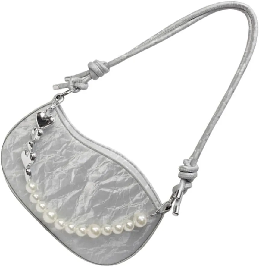 Women PU Leather Crossbody Bag with Pearl Chain Fashion Handbag Shoulder Bag French Styles Armpit Bag for Daily