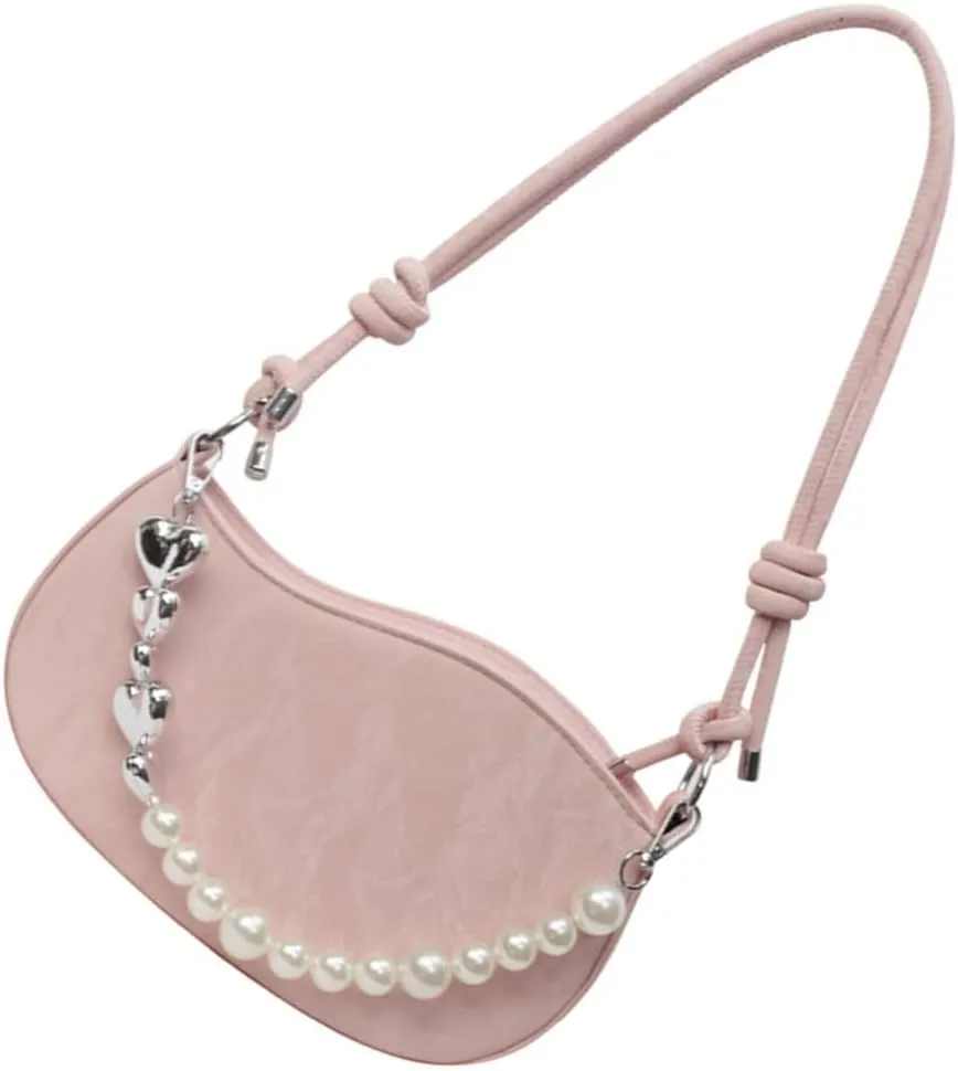 Women PU Leather Crossbody Bag with Pearl Chain Fashion Handbag Shoulder Bag French Styles Armpit Bag for Daily