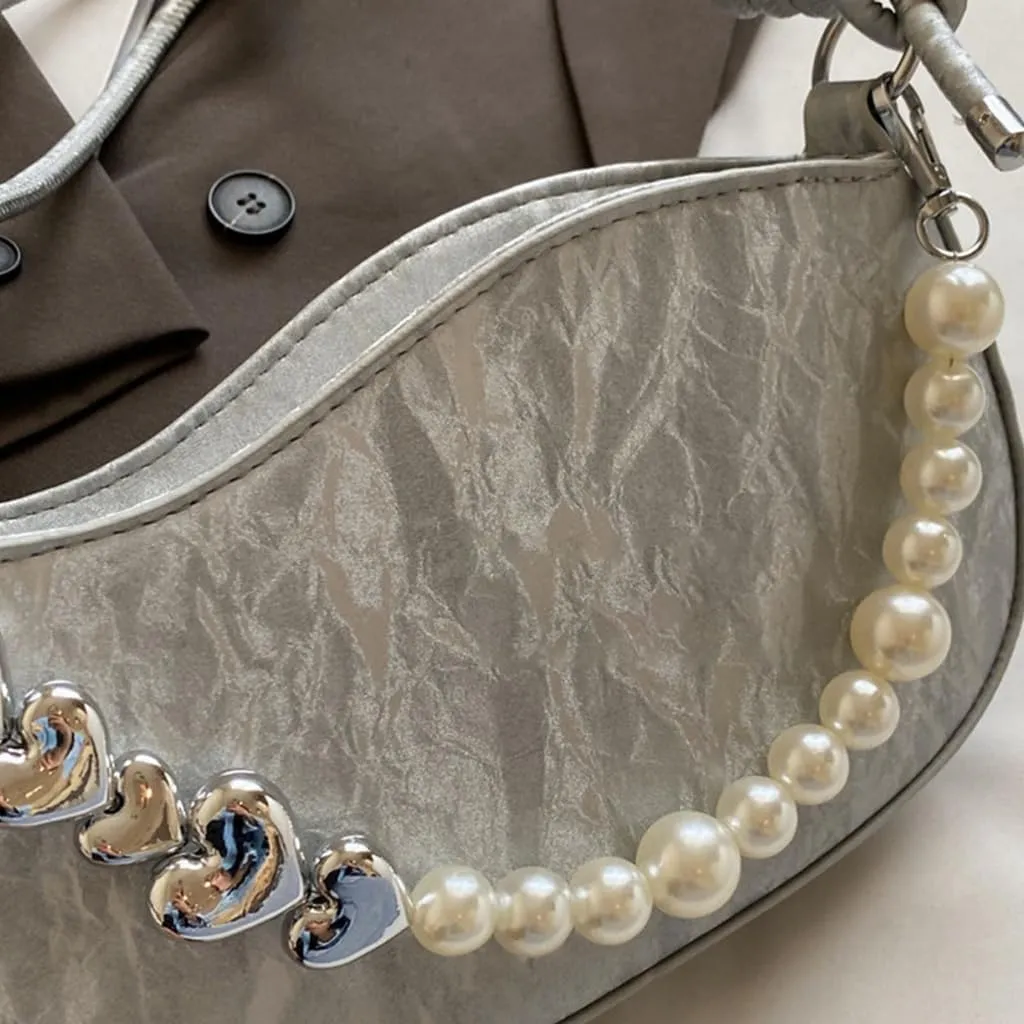 Women PU Leather Crossbody Bag with Pearl Chain Fashion Handbag Shoulder Bag French Styles Armpit Bag for Daily