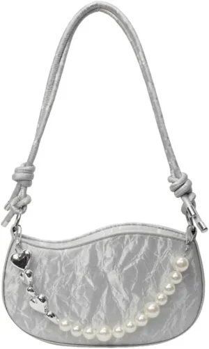 Women PU Leather Crossbody Bag with Pearl Chain Fashion Handbag Shoulder Bag French Styles Armpit Bag for Daily