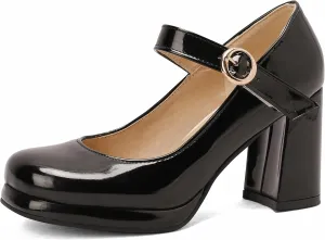 Women Retro Mary Jane Shoes Chunky High Block Heels Patent Leather Buckle Strap Closed Toe Platform Pumps Dress Work Shoes