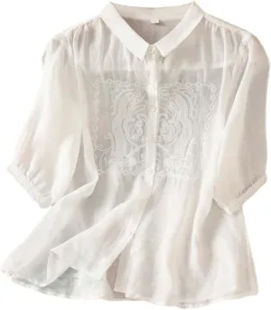 Women Short Sleeve Cotton Linen Shirts Casual Crew Neck Basic T-Shirt Floral Boho Loose Summer Tshirt