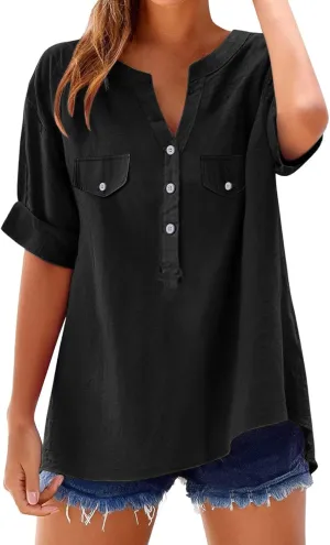 Women Summer Beach Linen Henley Shirts Short Sleeve Button v Neck Tunic Blouses 2025 Trendy Casual Loose Dressy Tops
