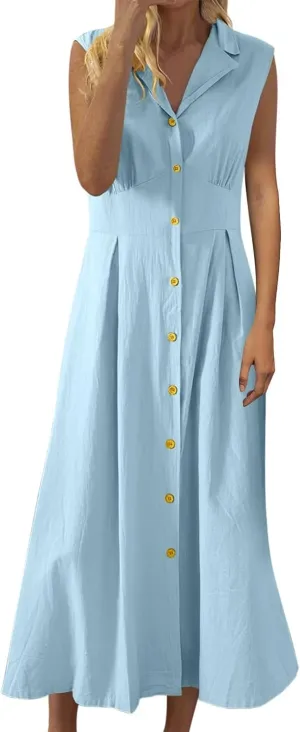 Women Vintage Shirt Dresses Casual Loose Cotton Linen Fit Sleeveless Button Maxi Dress with Pockets Formal Busniess Dress