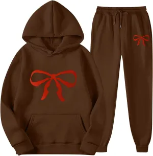 Women's 2 Piece Lounge Sets Oversized Bow Trim Print Hoodie Sweatsuit Sets Sweatshirt Wide Leg Sweatpants With Pockets