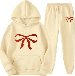 Women's 2 Piece Lounge Sets Oversized Bow Trim Print Hoodie Sweatsuit Sets Sweatshirt Wide Leg Sweatpants With Pockets