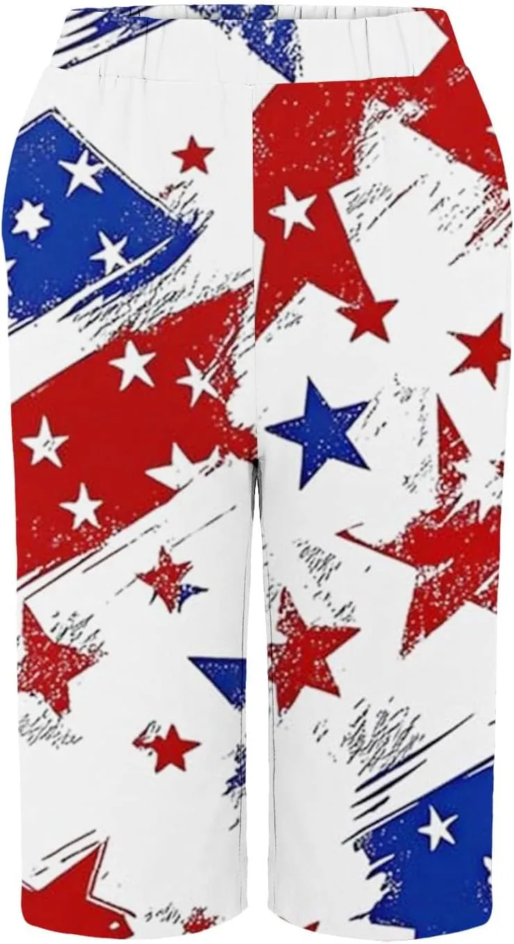 Womens 4th of July Wide Leg Capri Pants Summer High Waisted Pants Casual Loose Patriotic American Flag Printed Trousers