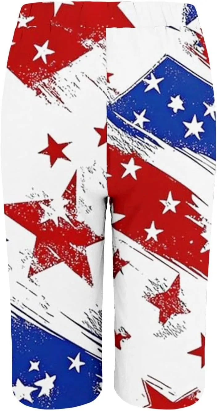 Womens 4th of July Wide Leg Capri Pants Summer High Waisted Pants Casual Loose Patriotic American Flag Printed Trousers