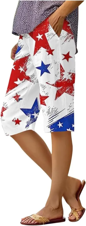 Womens 4th of July Wide Leg Capri Pants Summer High Waisted Pants Casual Loose Patriotic American Flag Printed Trousers