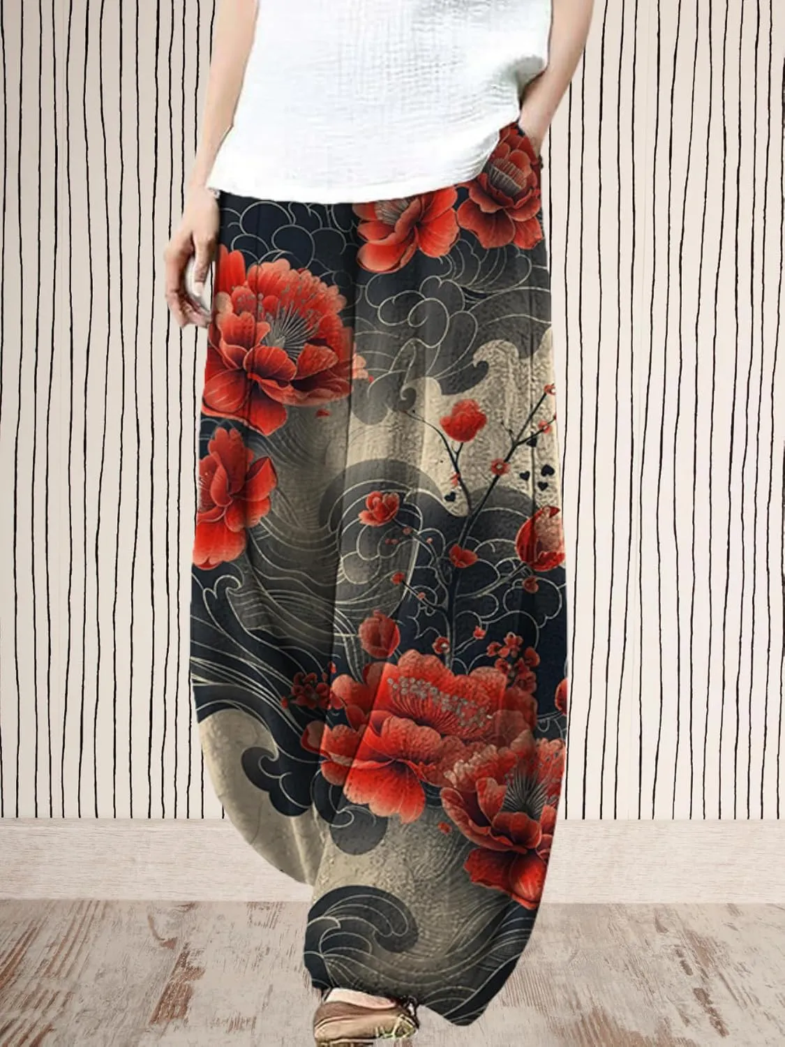 Womens Baggy Linen Pants Barrel Wide Leg Casual Loose Flowy Hippie Lantern Trousers with Elastic Waist for Summer