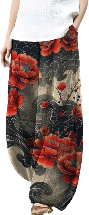 Womens Baggy Linen Pants Barrel Wide Leg Casual Loose Flowy Hippie Lantern Trousers with Elastic Waist for Summer