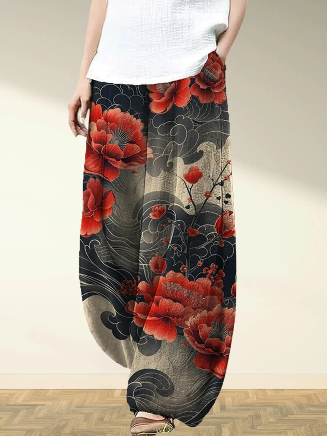 Womens Baggy Linen Pants Barrel Wide Leg Casual Loose Flowy Hippie Lantern Trousers with Elastic Waist for Summer