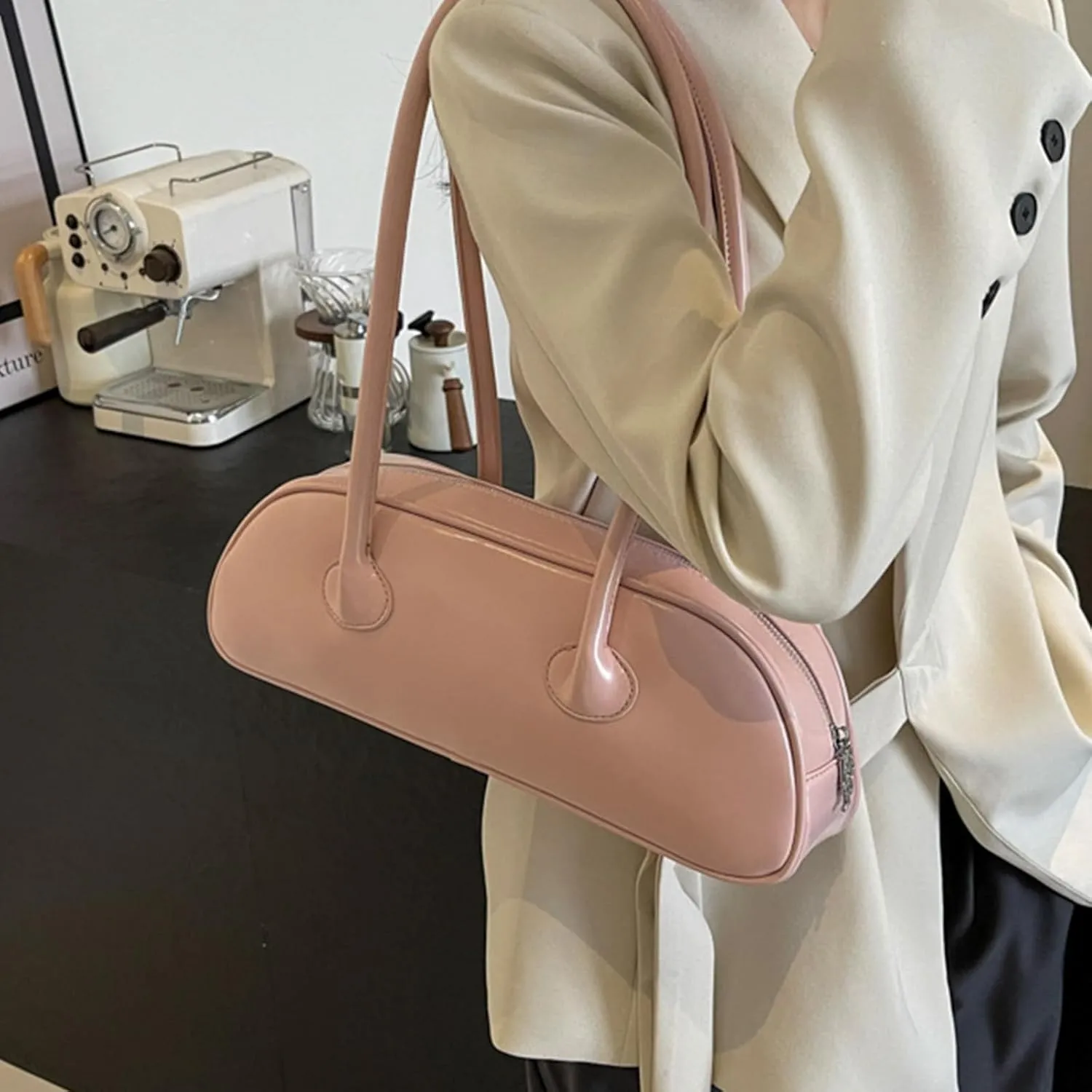 Women's Beige PU Leather Shoulder Bag, Minimalist Classic Sling Handbag, 37*13*10cm, Daily Use Convenience