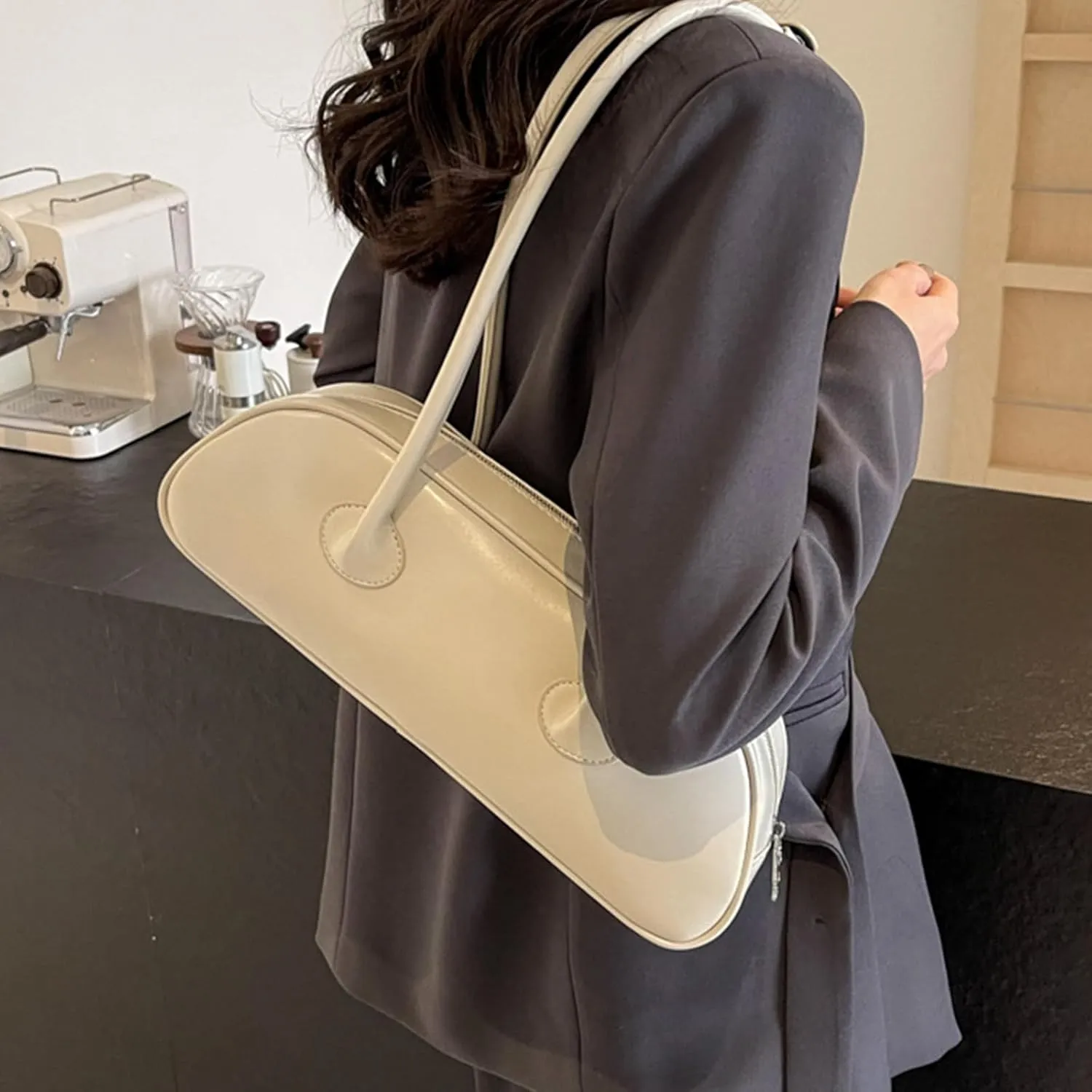 Women's Beige PU Leather Shoulder Bag, Minimalist Classic Sling Handbag, 37*13*10cm, Daily Use Convenience