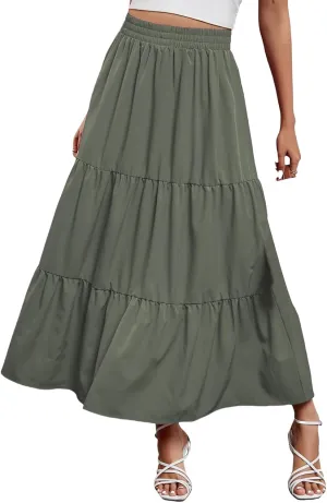 Womens Boho Maxi Skirts Summer Casual Elastic High Waisted Ruffle Hem Skirt Flowy Solid Color A Line Beach Skirts