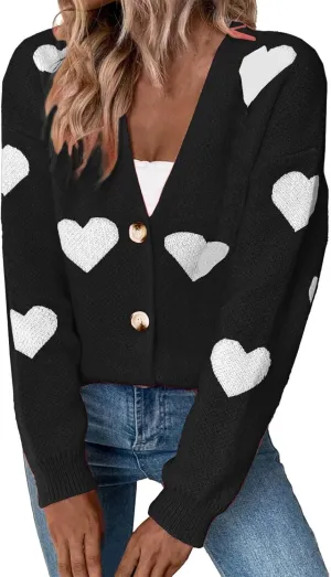 Womens Button Down Cardigan Sweater Trendy Valentines Heart Print Ribbed Knit Jumpers Solid Color V Neck Casual Coats