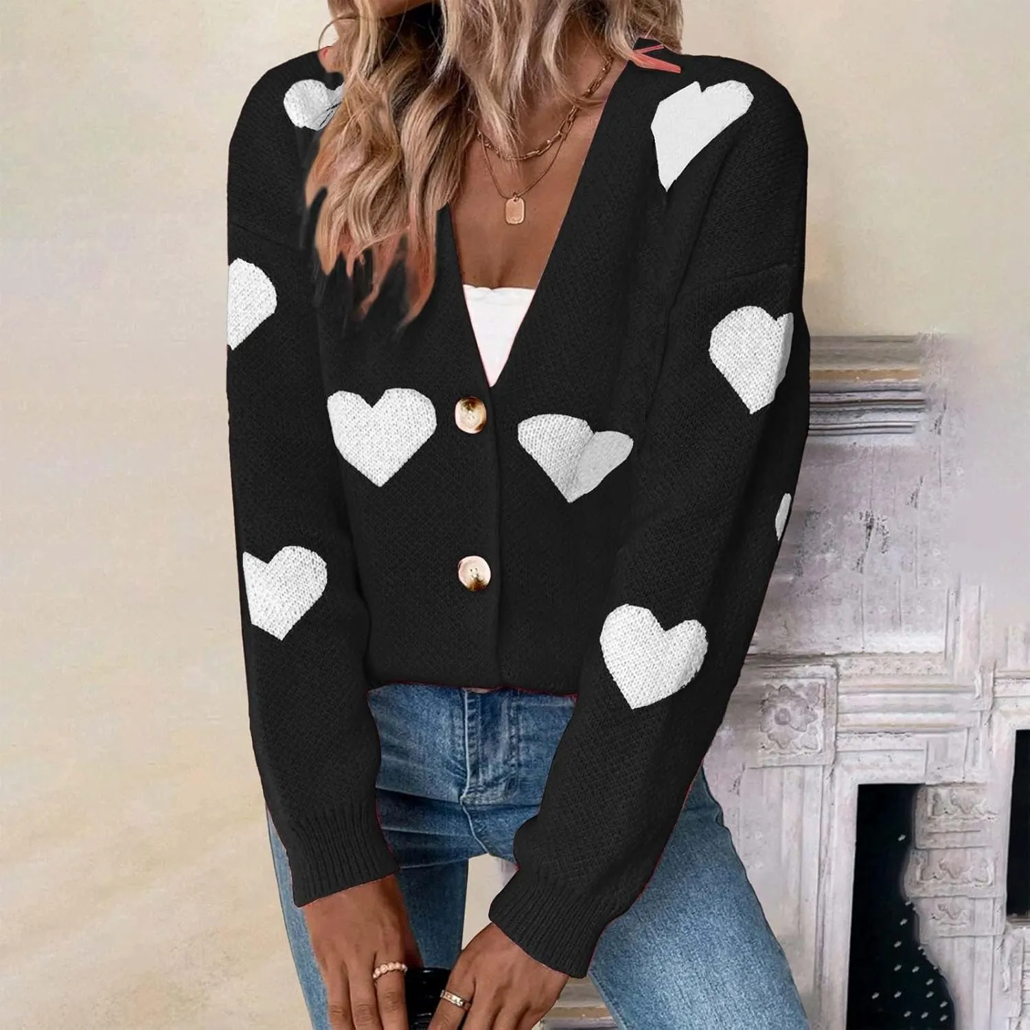 Womens Button Down Cardigan Sweater Trendy Valentines Heart Print Ribbed Knit Jumpers Solid Color V Neck Casual Coats