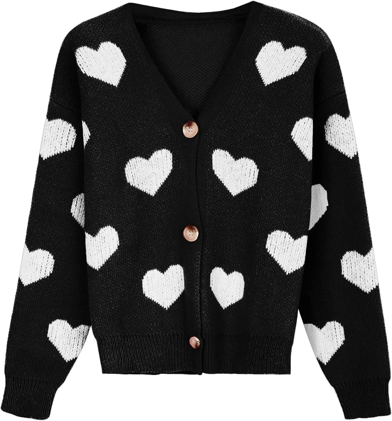 Womens Button Down Cardigan Sweater Trendy Valentines Heart Print Ribbed Knit Jumpers Solid Color V Neck Casual Coats