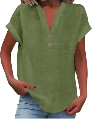 Womens Button Down Linen Shirts Short Sleeve V Neck Dressy Casual Business Work Blouses Loose Fit Summer Tunic Tops
