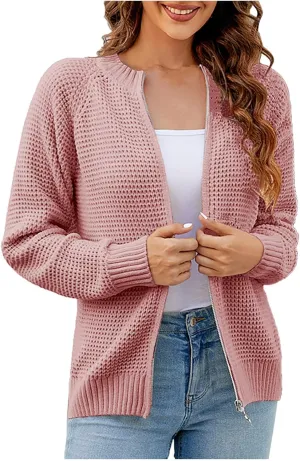 Women's Cable Knit Zipper Sweater Open Front Cardigans Outwear Coat Crewneck Long Sleeve Knitted Jacket Coats