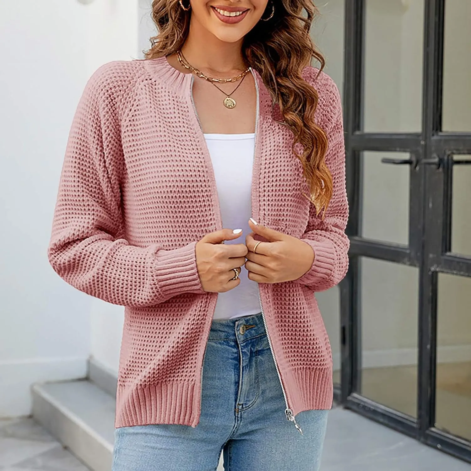 Women's Cable Knit Zipper Sweater Open Front Cardigans Outwear Coat Crewneck Long Sleeve Knitted Jacket Coats