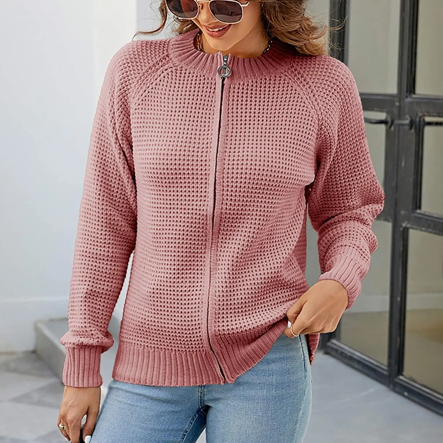 Women's Cable Knit Zipper Sweater Open Front Cardigans Outwear Coat Crewneck Long Sleeve Knitted Jacket Coats