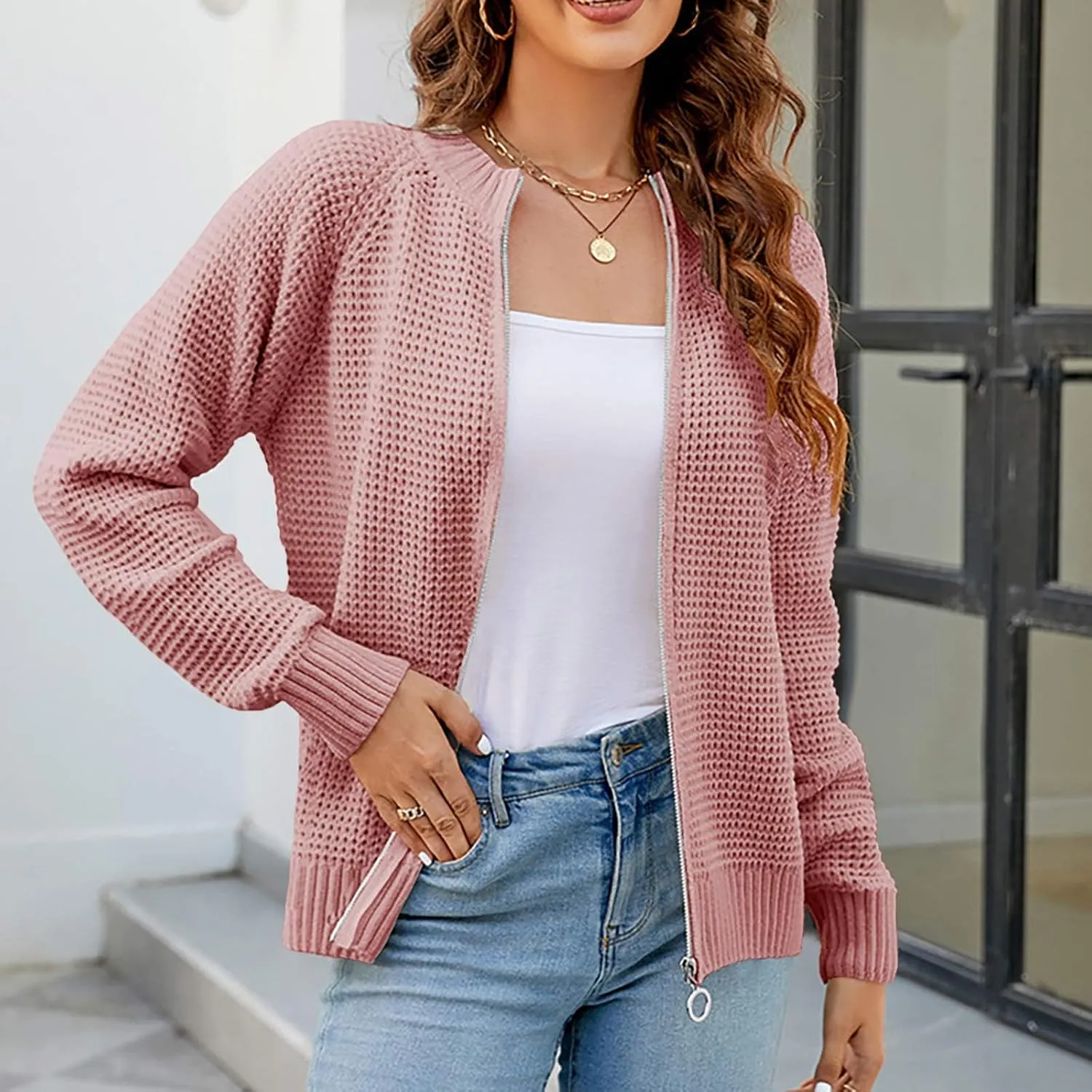 Women's Cable Knit Zipper Sweater Open Front Cardigans Outwear Coat Crewneck Long Sleeve Knitted Jacket Coats