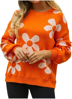 Women's Casual Flower Knitted Sweaters Crewneck Long Sleeve Chunky Cable Knit Pullover 2023 Fashion Clothes