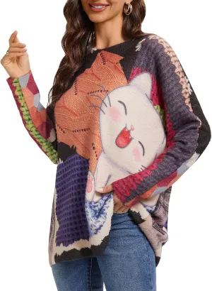 Womens Christmas Sweater Graphic Oversized Pullover Sweaters Casual Loose Long Sleeve Knit Sweater for Women
