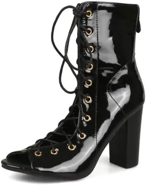 Women's Chunky Block Heel Peep Toe Booties, Open Toe Lace Up Ankle Boots, Summer High Heeled Boots