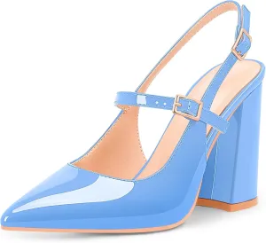 Women's Chunky High Heel Pumps Pointed Toe Slingback Buckle Strap Patent Leather Dress Shoes