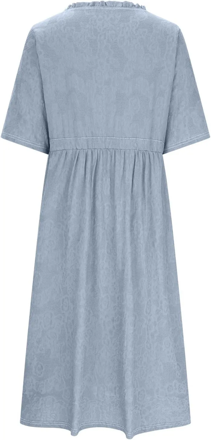 Women's Cotton Linen Dresses Summer Embroidered Sleeve A Line Comfy Cotton Maxi Dress Trendy Summer Vacation Clothes