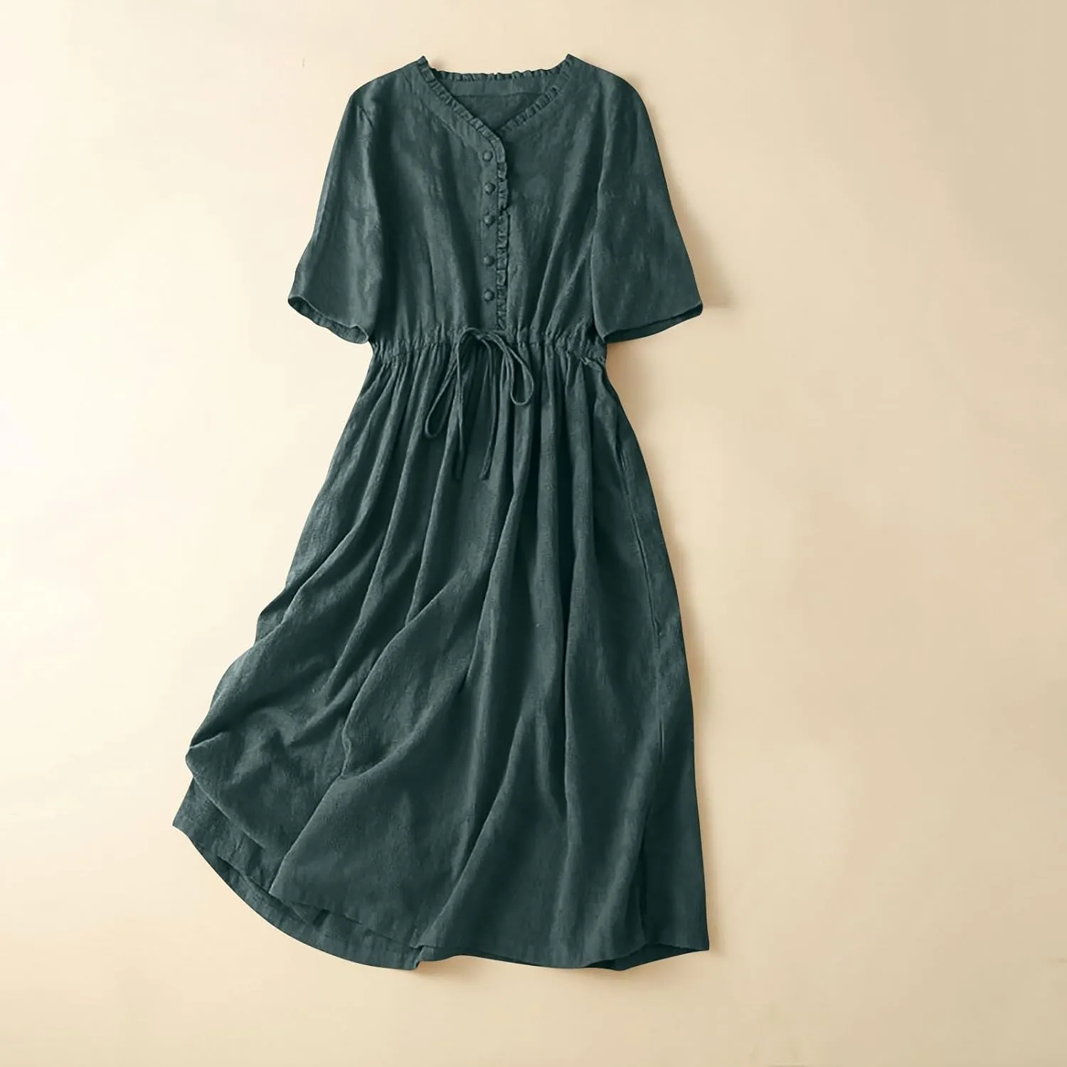 Women's Cotton Linen Dresses Summer Embroidered Sleeve A Line Comfy Cotton Maxi Dress Trendy Summer Vacation Clothes