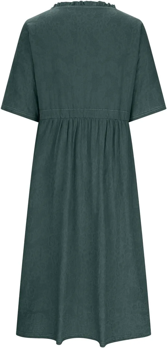 Women's Cotton Linen Dresses Summer Embroidered Sleeve A Line Comfy Cotton Maxi Dress Trendy Summer Vacation Clothes