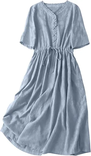 Women's Cotton Linen Dresses Summer Embroidered Sleeve A Line Comfy Cotton Maxi Dress Trendy Summer Vacation Clothes