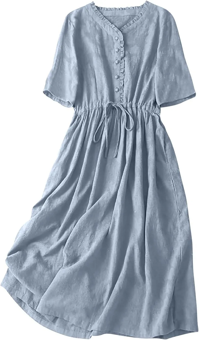 Women's Cotton Linen Dresses Summer Embroidered Sleeve A Line Comfy Cotton Maxi Dress Trendy Summer Vacation Clothes